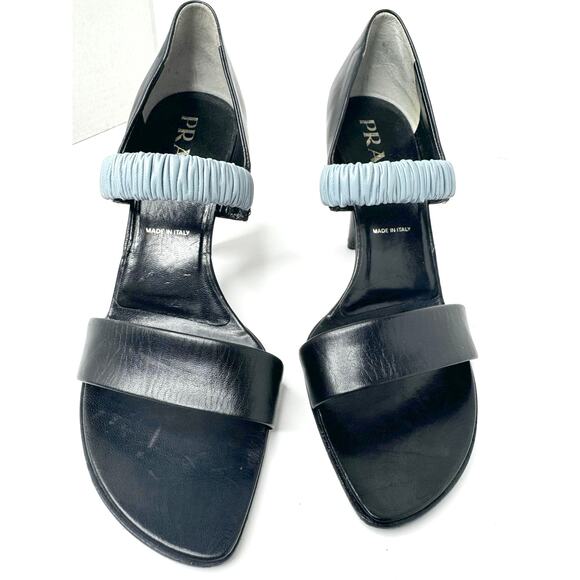 Vintage Prada Black Leather Heels with Blue Ruched Elastic Strap Size 36.5 - Picture 8 of 10